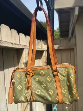 Dooney & Bourke Green and Tan Logo Shoulder Bag with Red Trim